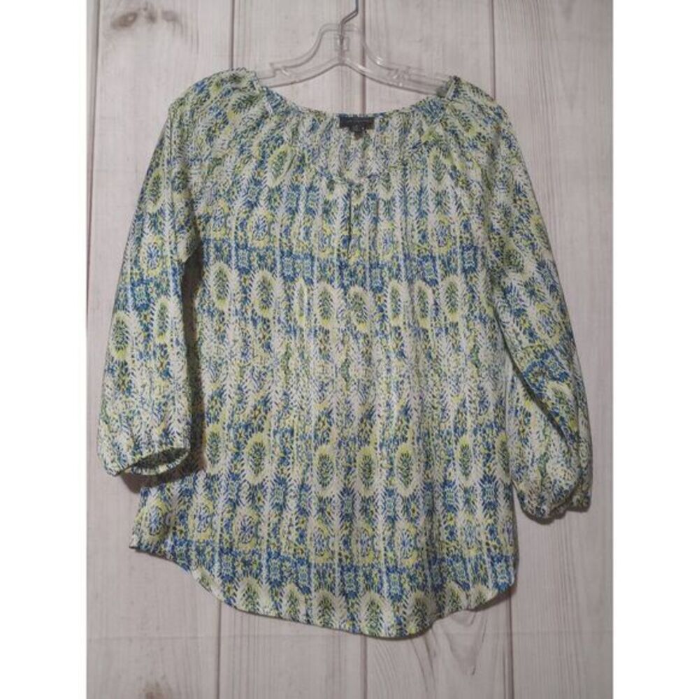 The Limited Womens XS Blue Lime Green Ikat Print 3/4 Sleeve Peasant Blouse Top